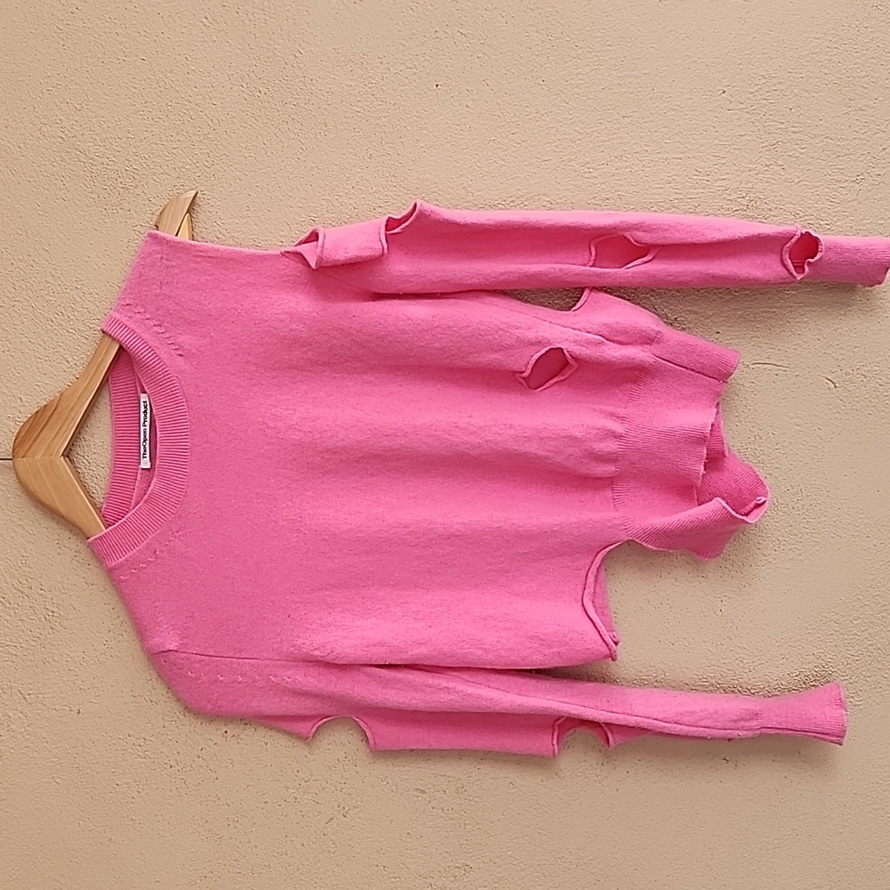 THE OPEN PRODUCT YY Pink Wool Sweater S Cut Out Distressed Korean Designer Rare - Picture 4 of 15